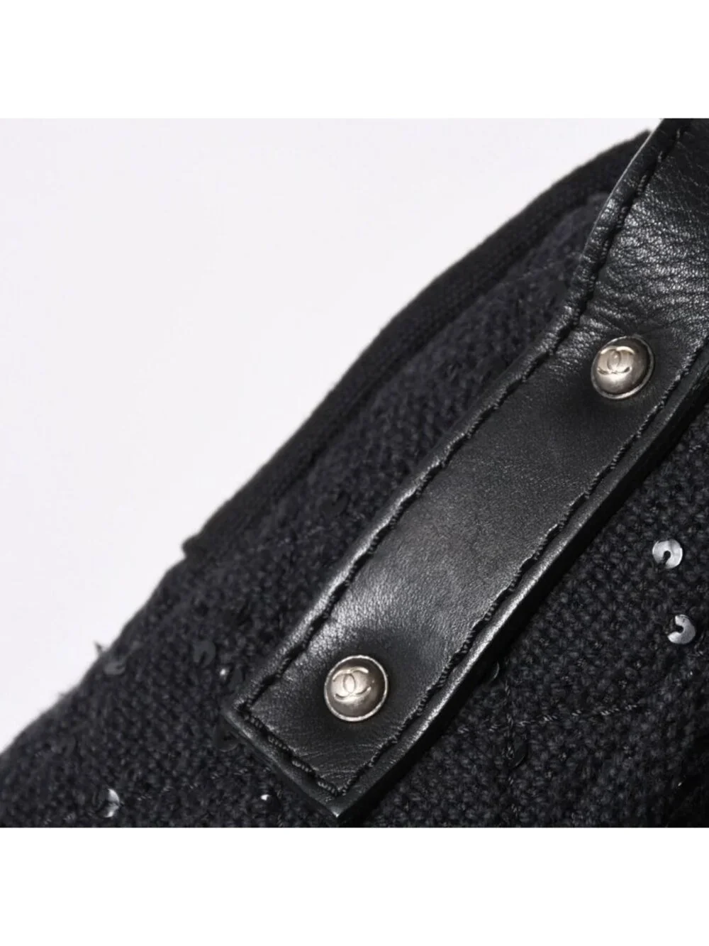 Chanel 2.55 Shoulder Bag CC Logo Sequins Canvas Leather Black